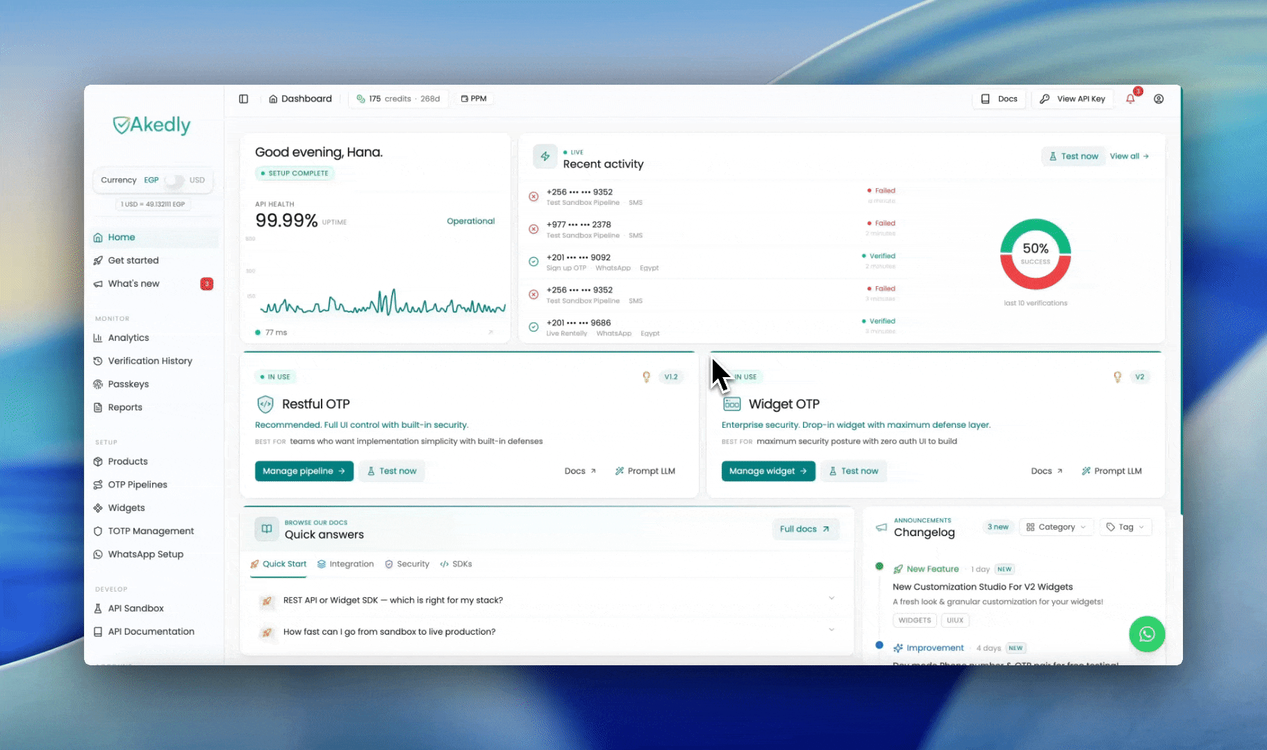 Akedly dashboard overview, authentication metrics updating in real time