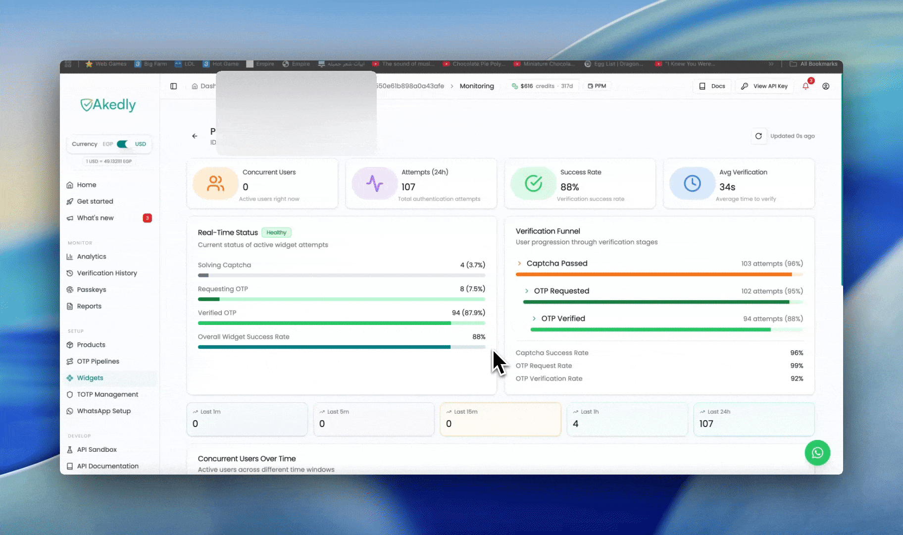Akedly widget monitoring, real-time status of authentication widgets
